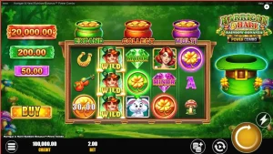 Tampilan visual slot Harrigan & Hare Rainbow Bonanza Power Combo dengan latar belakang bukit hijau dan pelangi.