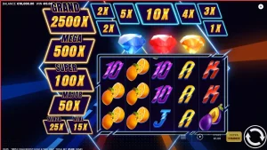 Tampilan visual slot Triple Cash Boost dengan elemen neon dan simbol buah klasik.
